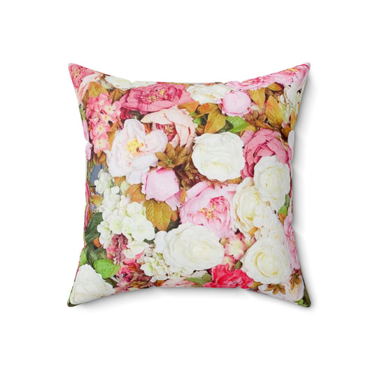 Flores rosas - Almohada cuadrada de poliéster hilado Inovax