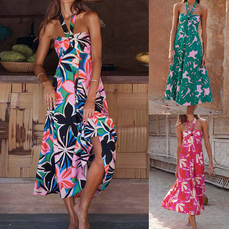 Women's Casual Floral Print Hollow-out Halter Pleated Sleeveless Mid-length Dress