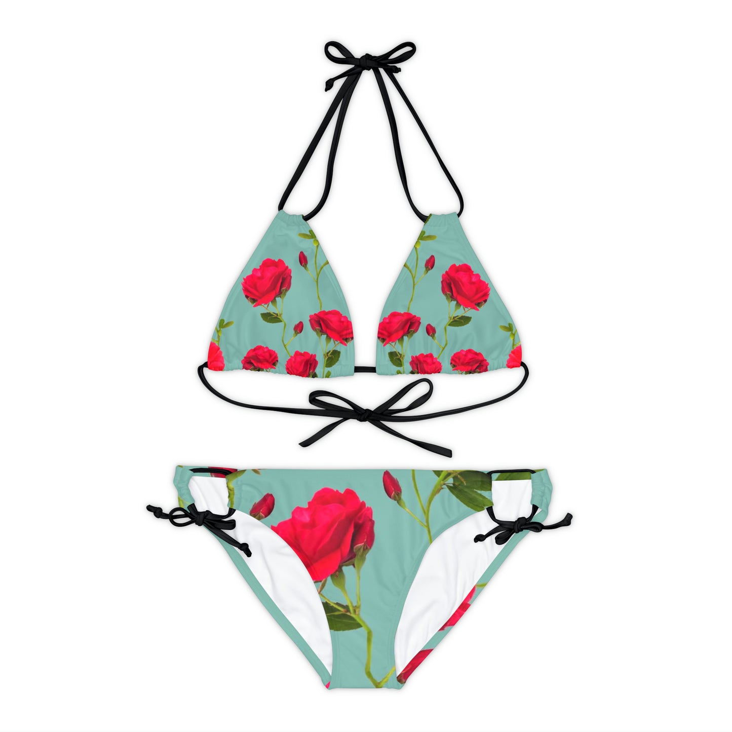 Flores rojas y azul - Conjunto de bikini de tiras Inovax