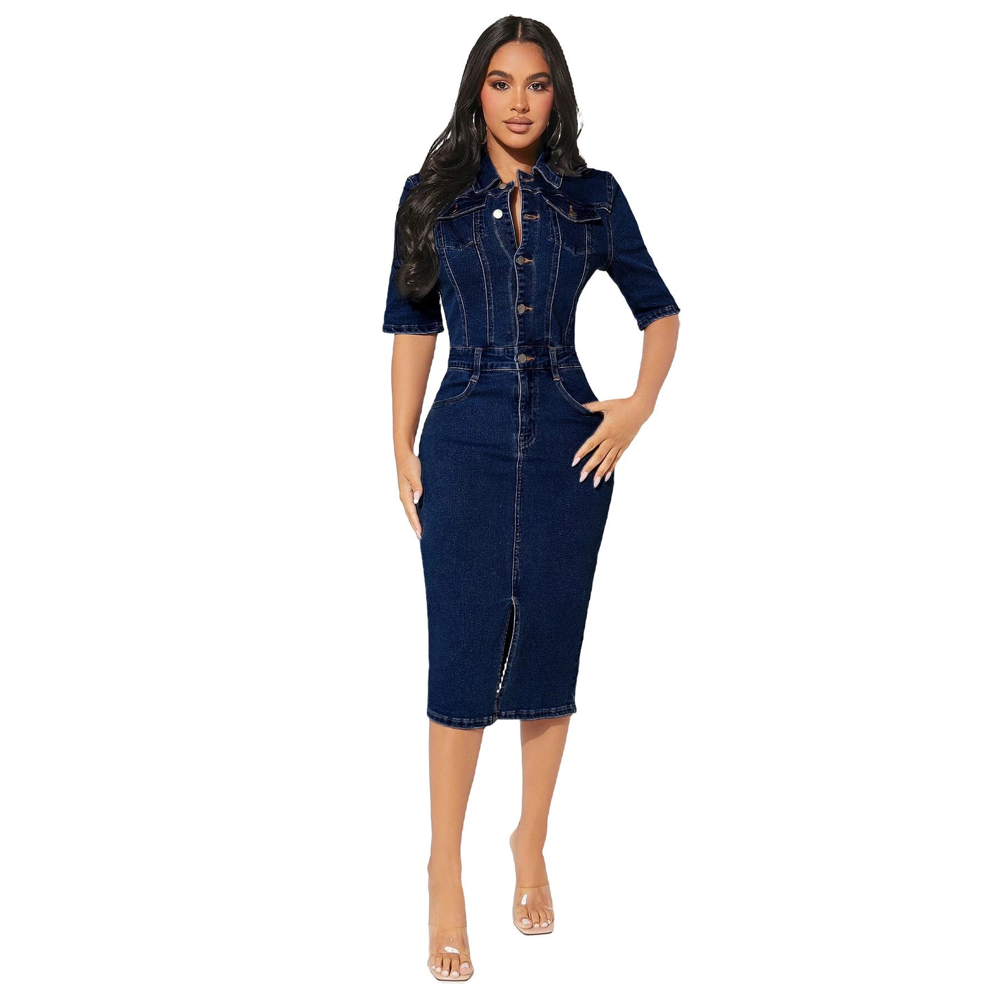 Robe en denim enveloppée de hanches pour femmes, personnalité de la mode