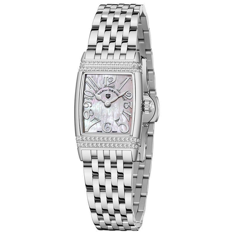 Montre à quartz carrée à cadran de coquille de mode pour femmes avec diamants