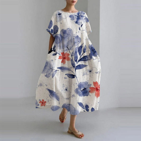 Loose Round Neck Fashion Advanced Short Sleeve Printing Dress