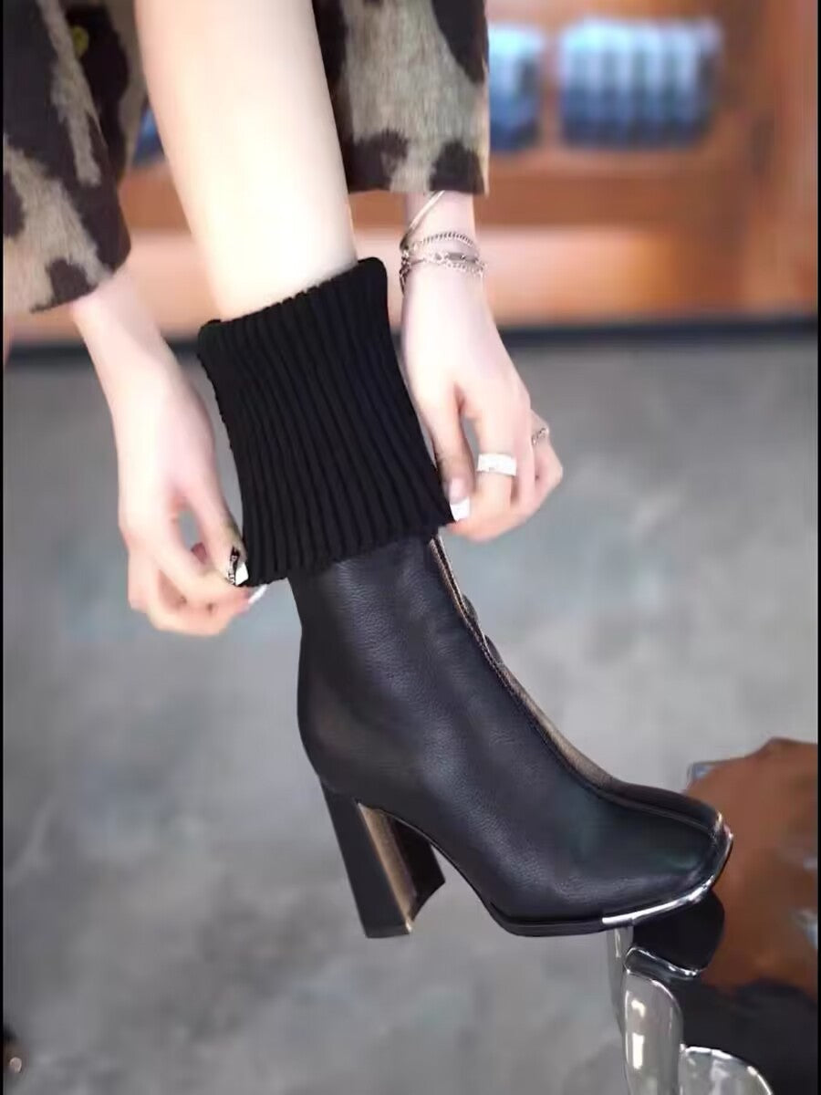 Botas largas de tacón grueso con cabeza cuadrada y calcetines elásticos de punto de otoño e invierno para mujer