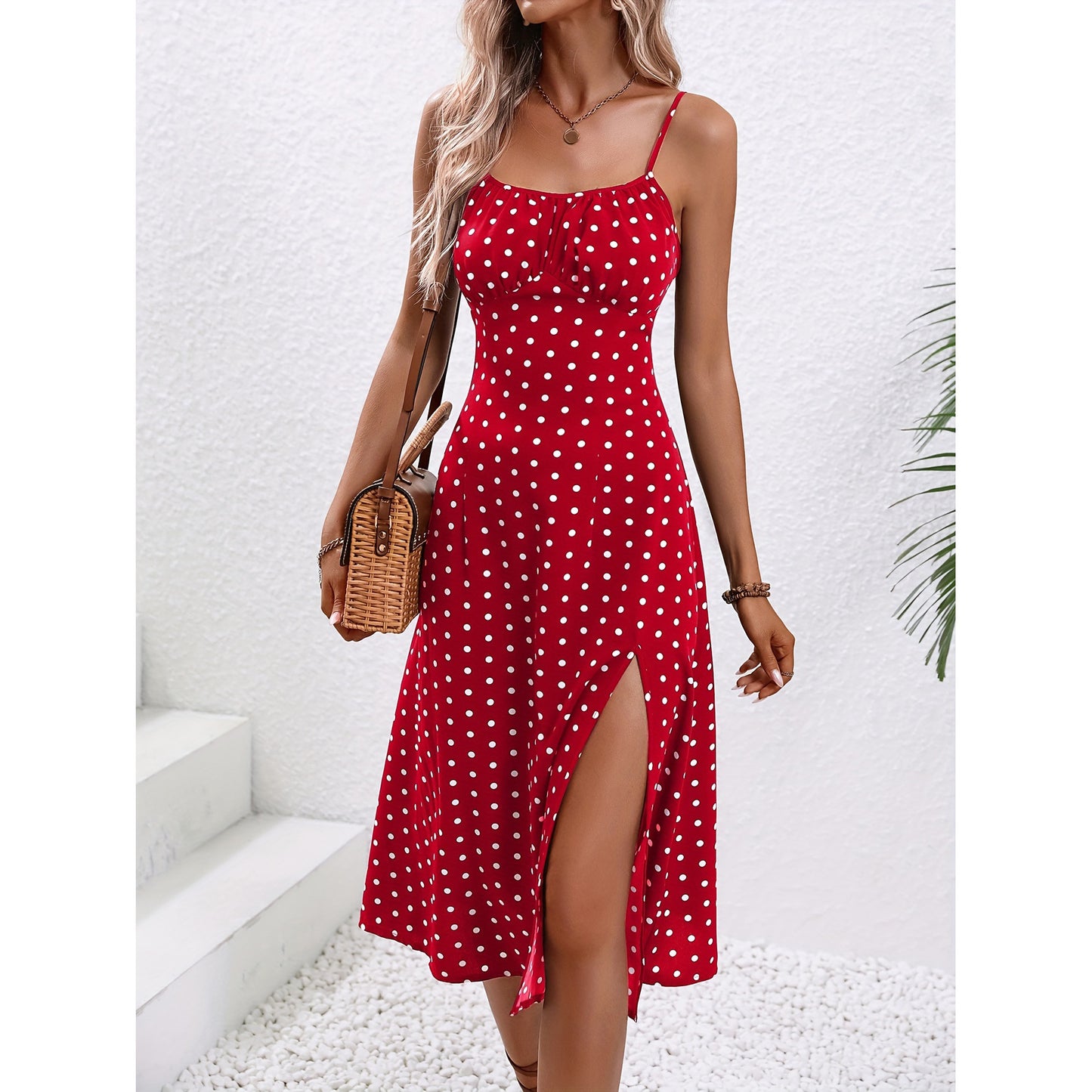 Robe longue à bretelles imprimée à pois, tenue d'été Sexy avec fente, vêtements pour femmes, nouvelle collection