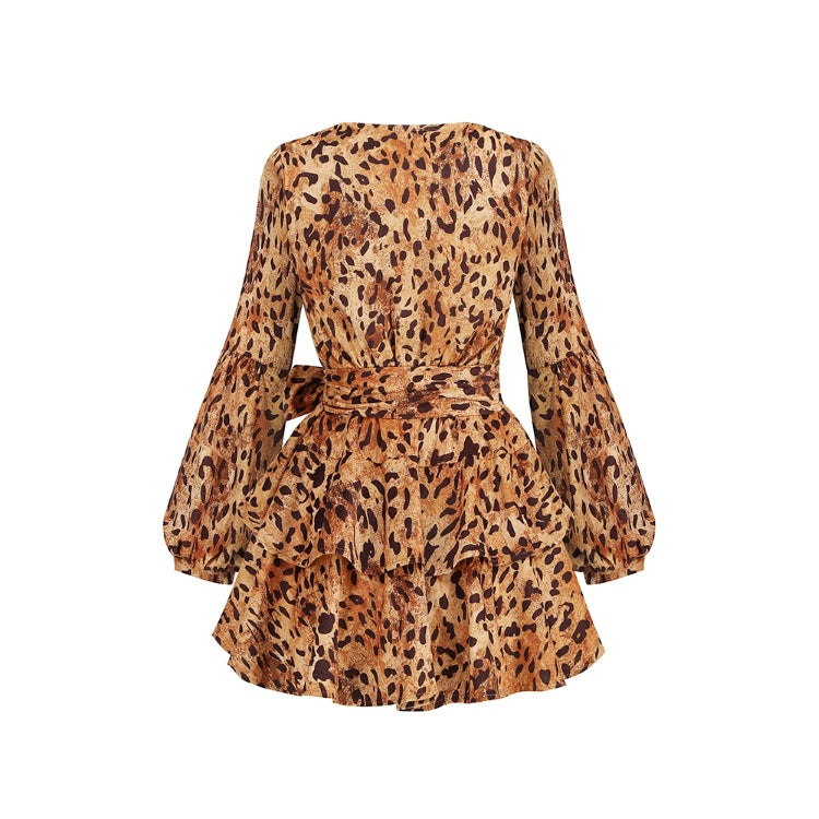 Deep V-neck Leopard Print Dress Long Sleeve Lantern Sleeve Ruffled Skirt