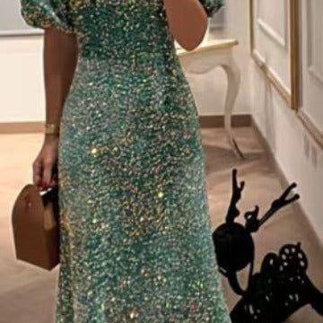 Robe à manches courtes brillante à paillettes et broderie lourde de tempérament de luxe léger