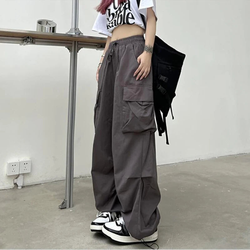 2023 mujeres Casual Joggers Tech pantalones sólidos pantalones de cintura baja cordón pierna ancha pantalones holgados Y2k Streetwear pantalones de chándal de gran tamaño