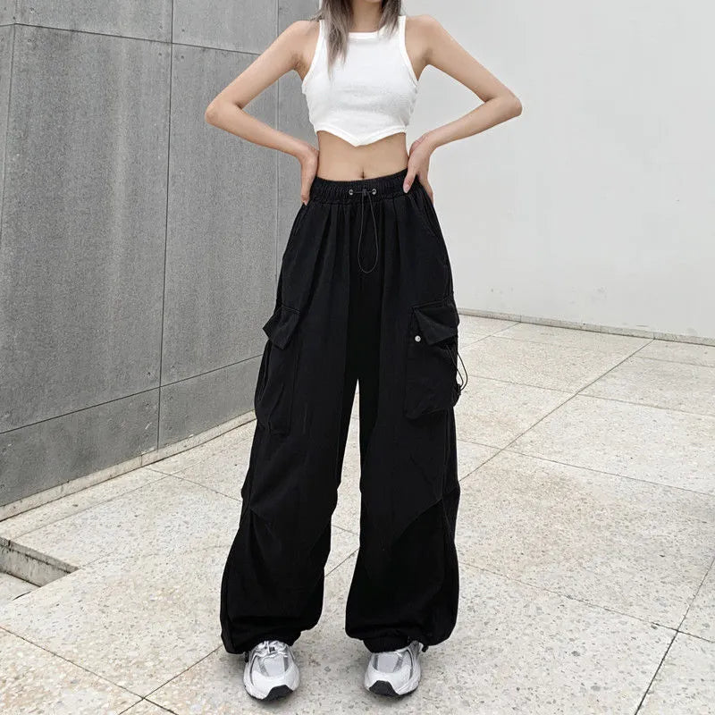 2023 mujeres Casual Joggers Tech pantalones sólidos pantalones de cintura baja cordón pierna ancha pantalones holgados Y2k Streetwear pantalones de chándal de gran tamaño