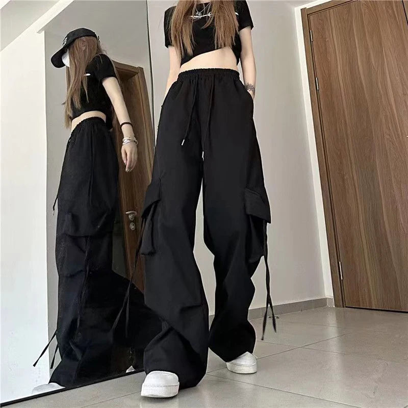 Pantalon Cargo Y2K pour femmes, taille haute, Streetwear, Hip Hop, grandes poches, décontracté, taille basse, cordon de serrage, Baggy, survêtement