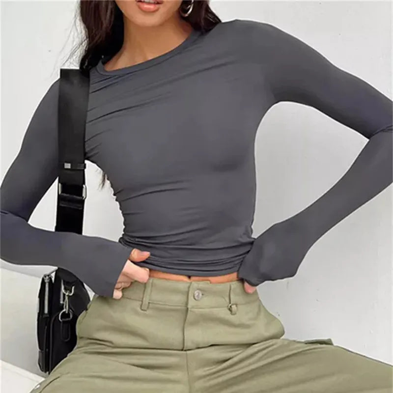 T-shirt à manches longues pour femmes, couleur unie, Slim Fit, chemises décontractées, pulls basiques, vêtements Y2k, Streetwear, hauts courts, printemps automne