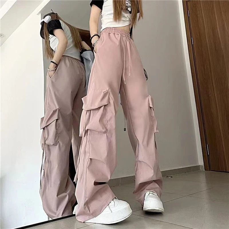 Pantalones Cargo Y2K para mujer, ropa de calle de cintura alta, pantalones de Hip Hop para mujer, pantalones de chándal holgados informales con bolsillos grandes y cordón de cintura baja