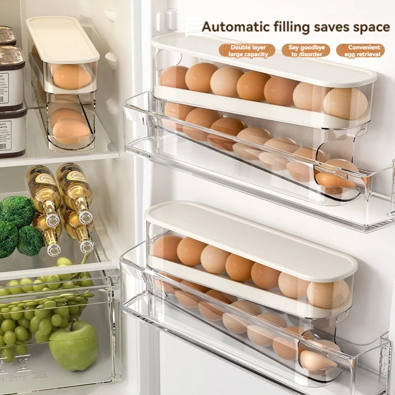 Caja de almacenamiento de huevos para refrigerador, organizador de huevos de cocina, soporte para huevos de gran capacidad, dispensador de huevos rodante de cartón dedicado