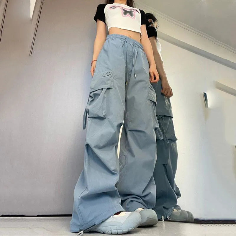 Pantalones Cargo Y2K para mujer, ropa de calle de cintura alta, pantalones de Hip Hop para mujer, pantalones de chándal holgados informales con bolsillos grandes y cordón de cintura baja