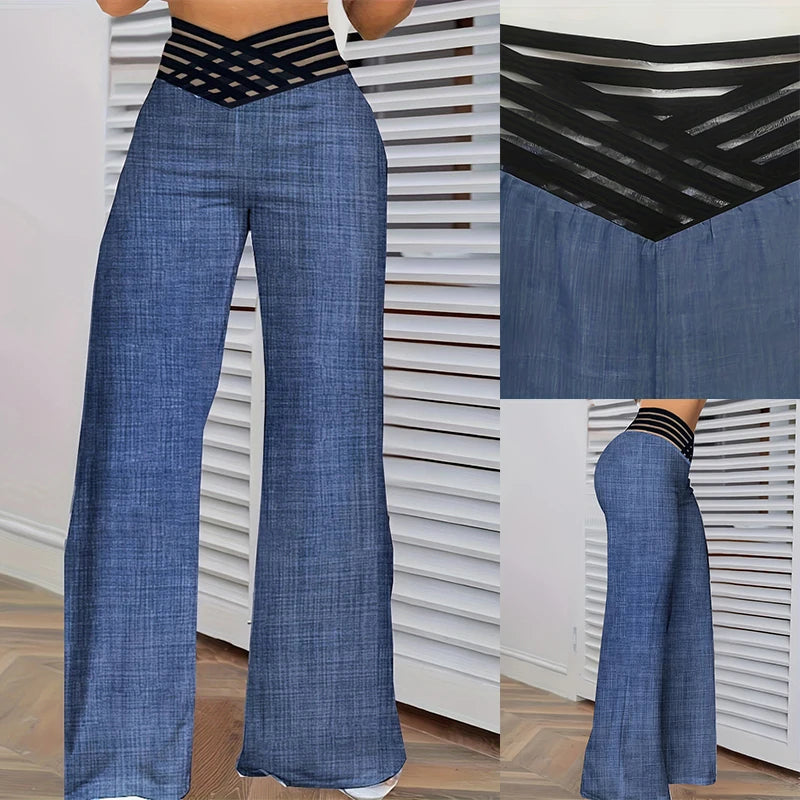 Pantalones acampanados de pierna ancha para mujer, pantalón informal de cintura alta con parche de malla transparente entrecruzado, ropa de calle Y2k, pantalón de trabajo elegante, otoño 2024