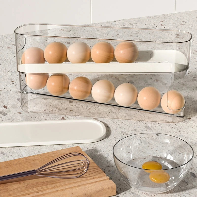 Caja de almacenamiento de huevos para refrigerador, organizador de huevos de cocina, soporte para huevos de gran capacidad, dispensador de huevos rodante de cartón dedicado