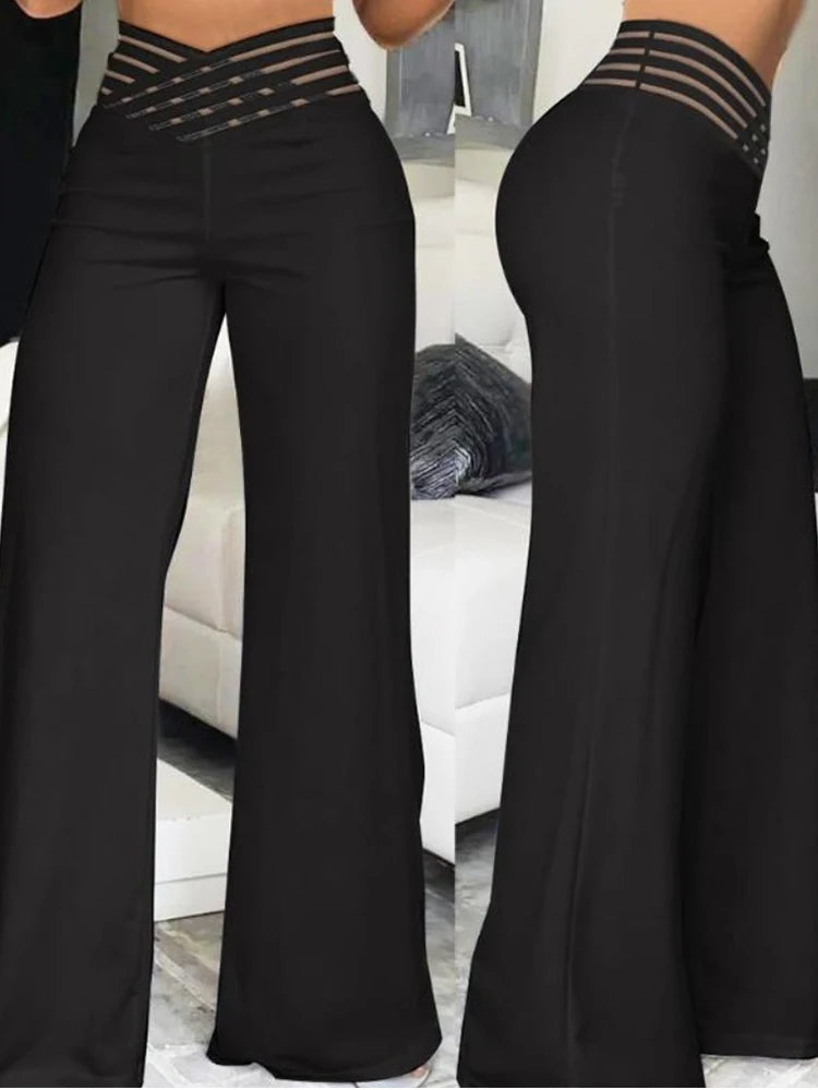 Pantalon évasé à jambes larges pour femmes, décontracté, croisé, maille transparente, Patch, taille haute, Y2k, Streetwear, pantalon de travail élégant, automne 2024