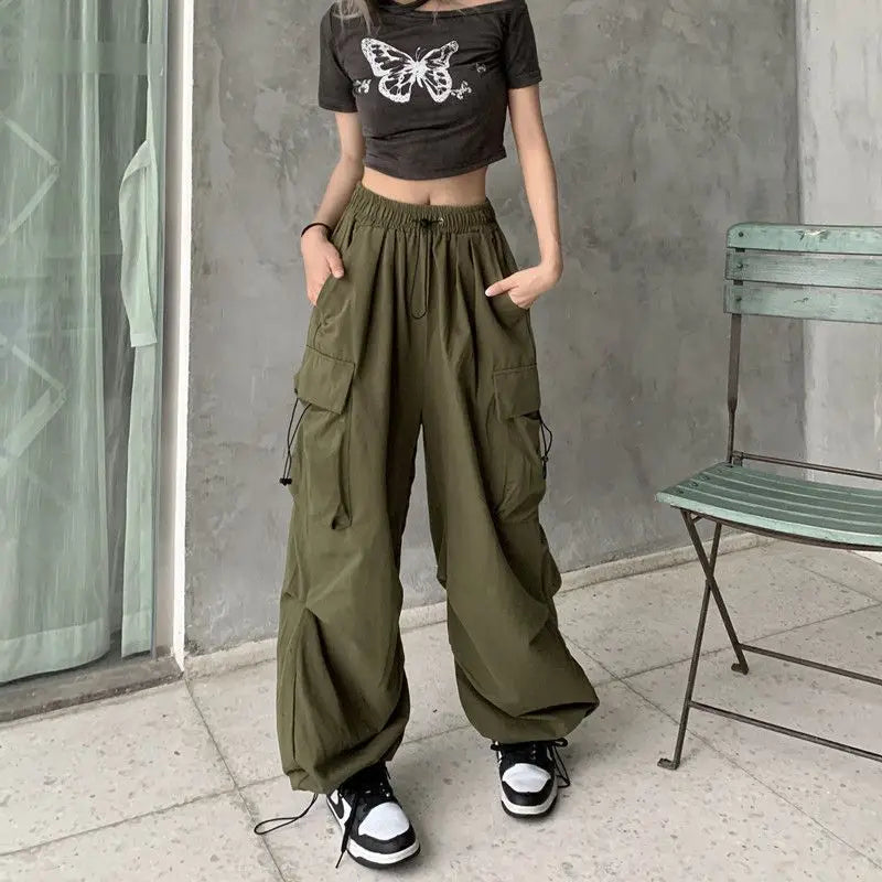 2023 mujeres Casual Joggers Tech pantalones sólidos pantalones de cintura baja cordón pierna ancha pantalones holgados Y2k Streetwear pantalones de chándal de gran tamaño