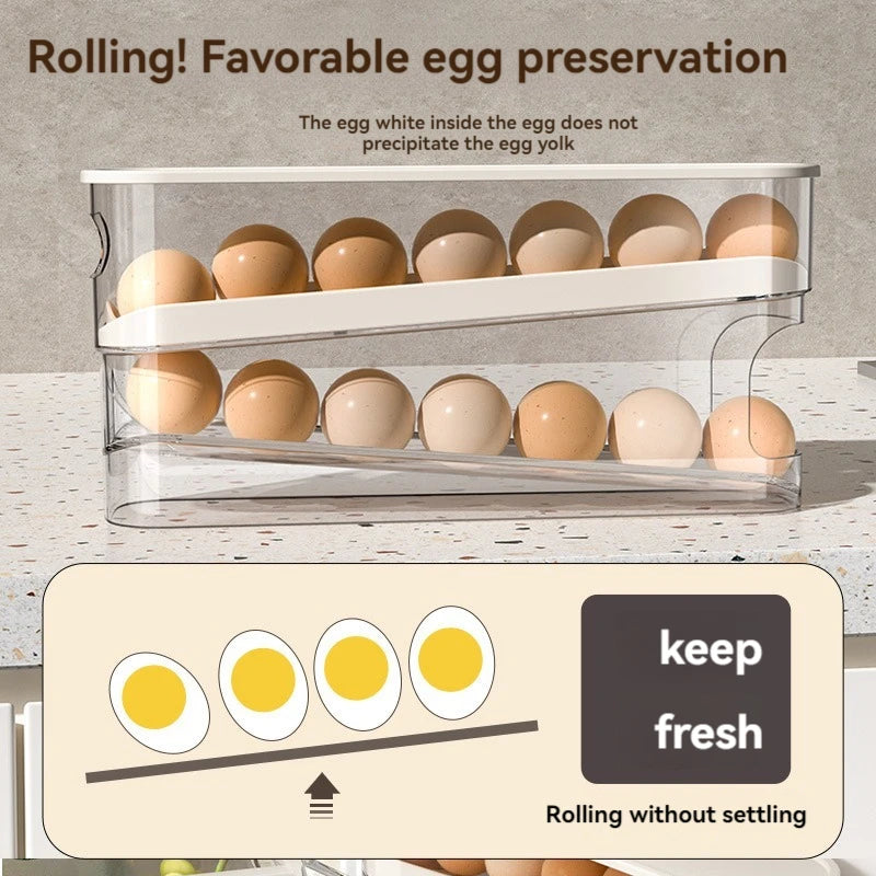 Caja de almacenamiento de huevos para refrigerador, organizador de huevos de cocina, soporte para huevos de gran capacidad, dispensador de huevos rodante de cartón dedicado