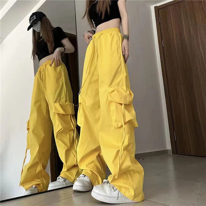 Pantalones Cargo Y2K para mujer, ropa de calle de cintura alta, pantalones de Hip Hop para mujer, pantalones de chándal holgados informales con bolsillos grandes y cordón de cintura baja