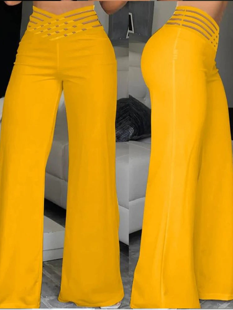 Pantalon évasé à jambes larges pour femmes, décontracté, croisé, maille transparente, Patch, taille haute, Y2k, Streetwear, pantalon de travail élégant, automne 2024