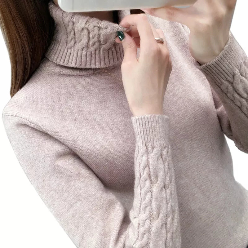 Suéter de cuello alto para mujer, suéteres de otoño e invierno, suéter grueso y cálido de manga larga de color caqui, novedad de 2023