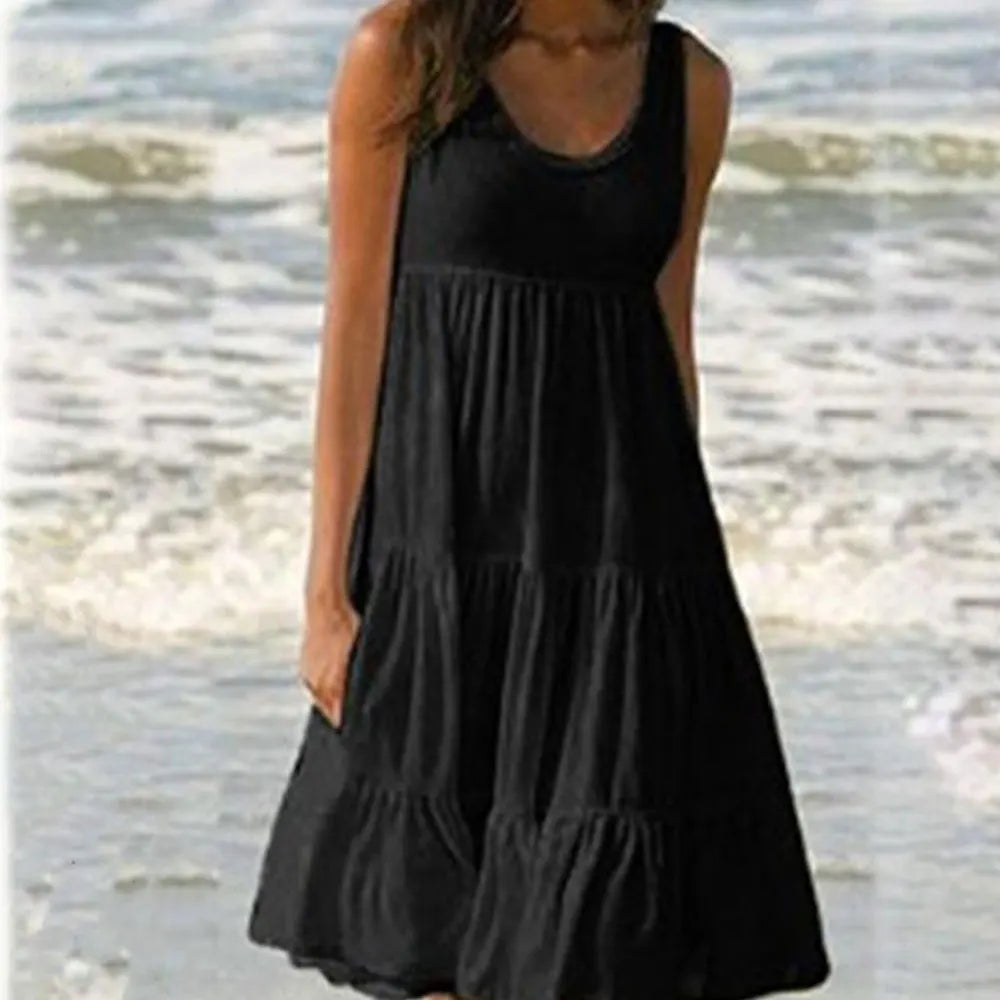 Jocoo Jolee informal para mujer, minivestido sin mangas con cuello redondo y volantes, vestido playero liso bohemio, vestido holgado de gran tamaño para verano 2023