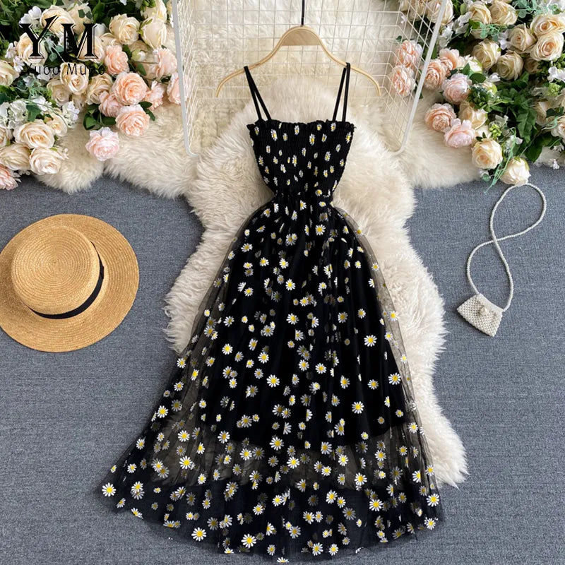 YuooMuoo, moda coreana, vestido de fiesta de malla con estampado de margaritas y flores, vestido de verano de dos capas con tirantes finos, vestido de vacaciones por debajo de la rodilla, Vestidos de playa