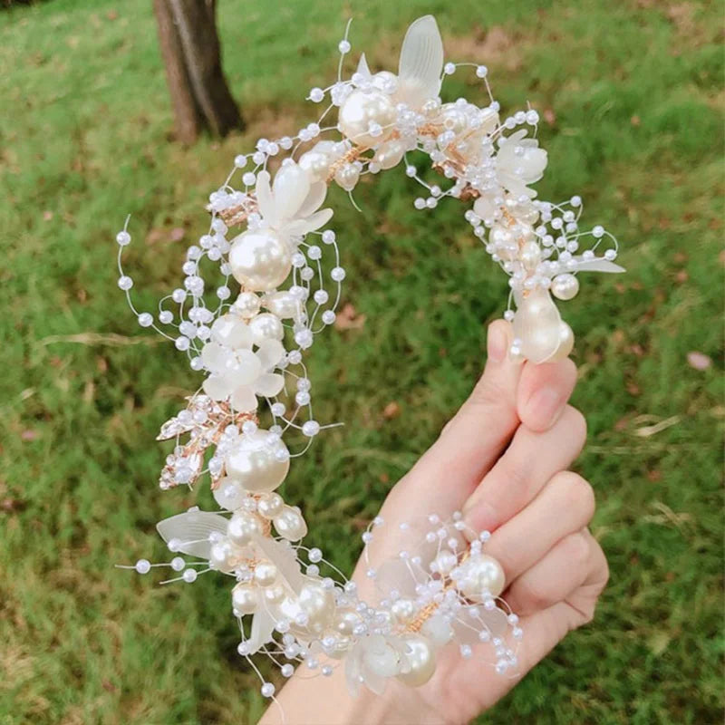 Elegant Bridal Headband Imitated Pearl Vine Floral Crystal Garland Hair Bands Wedding Party Princess Bride Head Hoop Headdress