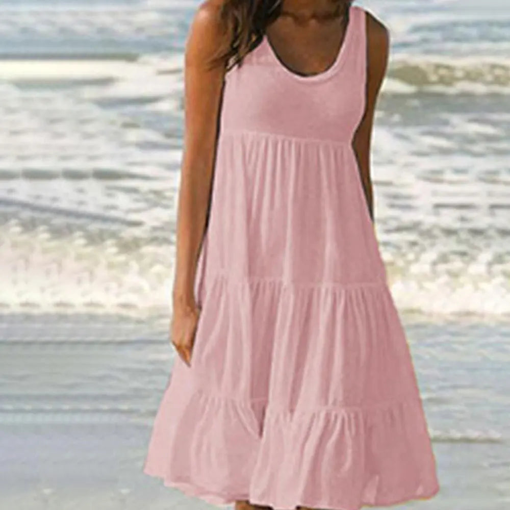 Jocoo Jolee informal para mujer, minivestido sin mangas con cuello redondo y volantes, vestido playero liso bohemio, vestido holgado de gran tamaño para verano 2023