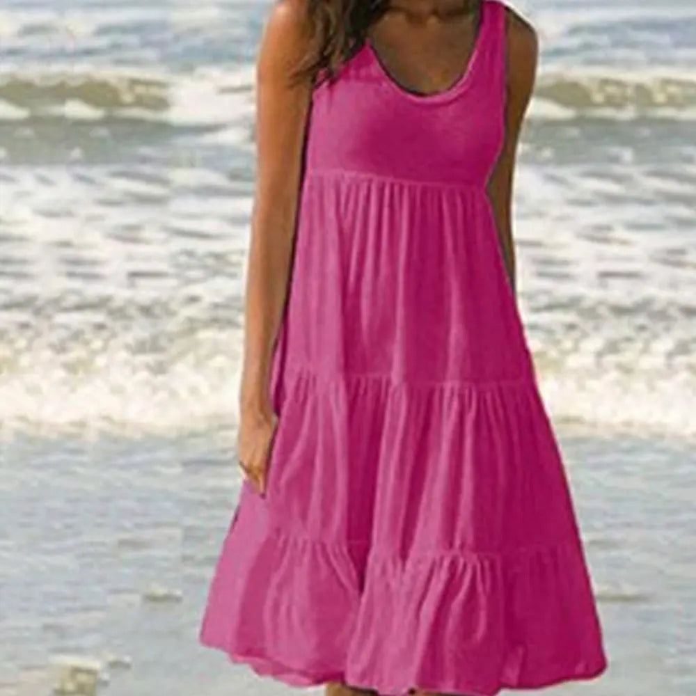 Jocoo Jolee informal para mujer, minivestido sin mangas con cuello redondo y volantes, vestido playero liso bohemio, vestido holgado de gran tamaño para verano 2023