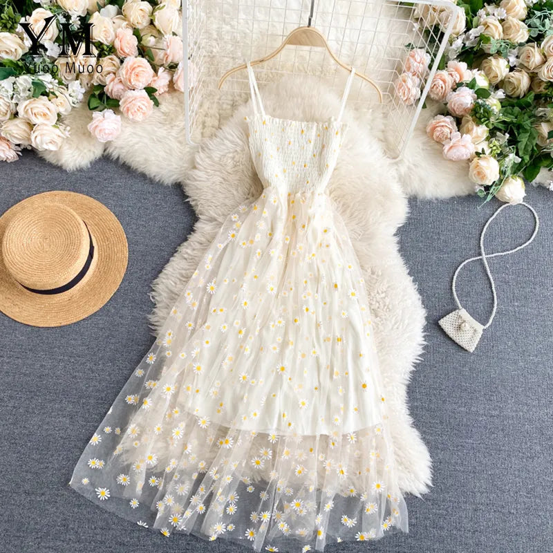 YuooMuoo Korean Fashion Daisy Flower Print Mesh Party Dress Summer Two Layers Spaghetti Strap Vacation Midi Dress Beach Vestidos