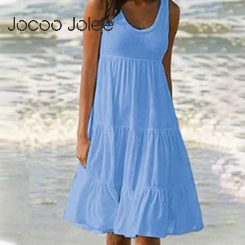 Jocoo Jolee femmes casual O cou sans manches volants Mini robe Boho solide plage robe d'été surdimensionné robe ample 2023 été