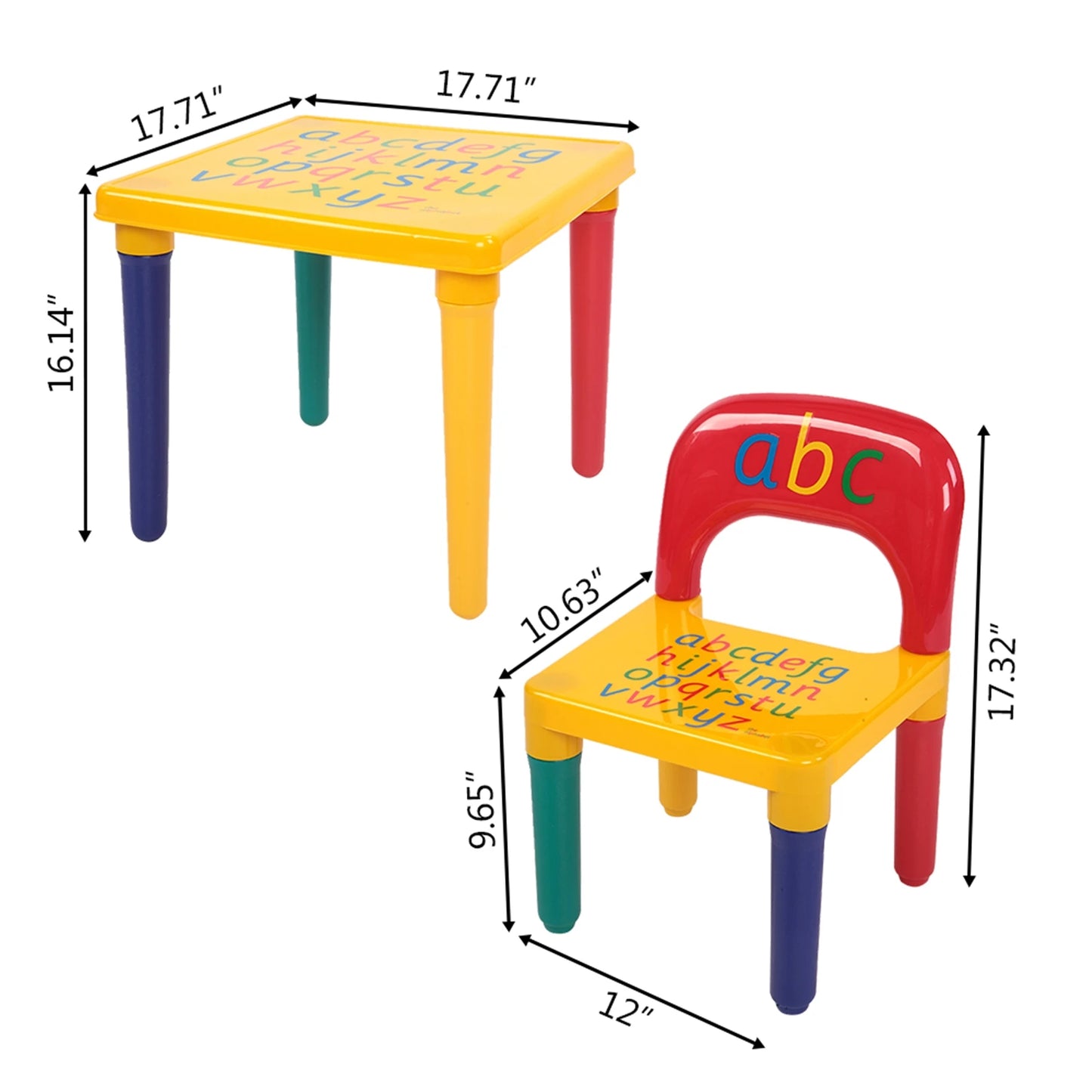 Conjunto de mesa y sillas infantil con letras amarillas y rojas