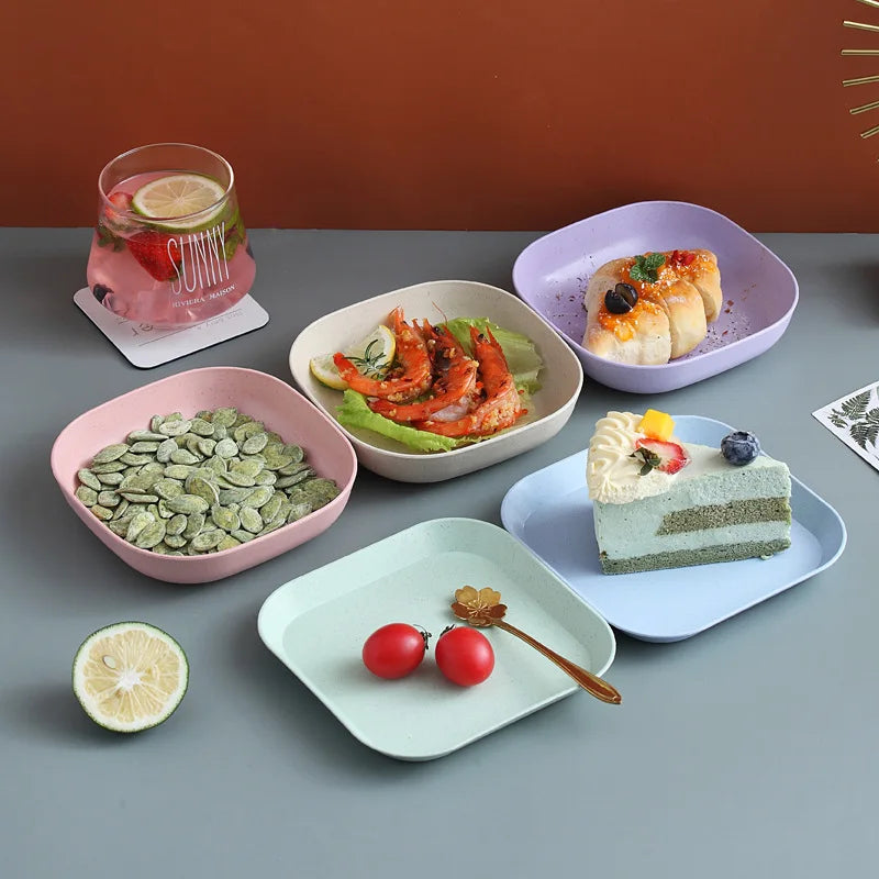 Disque carré en plastique broche os Snack assiette Table poubelle plateau blé paille vaisselle nourriture couverts bébé couverts ensemble ustensiles