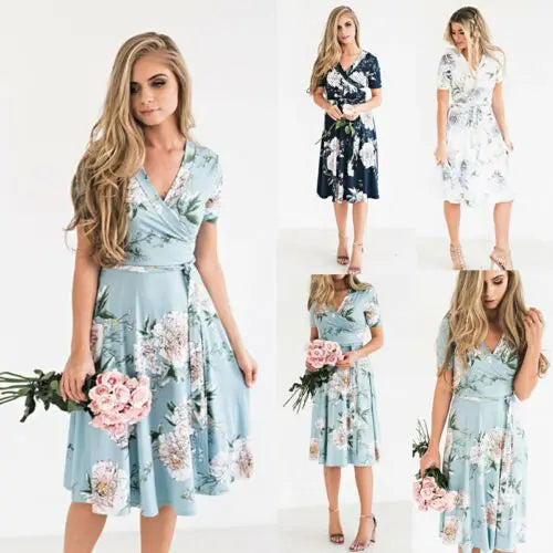 Women Summer Casual Chiffon Dress Boho Midi Flowers Printed Short Sleeve V-neck Dress Evening Party/Beach Dress/Floral Sundress