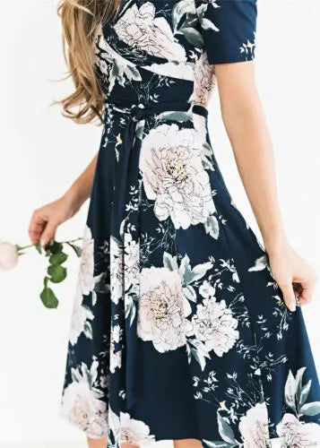 Women Summer Casual Chiffon Dress Boho Midi Flowers Printed Short Sleeve V-neck Dress Evening Party/Beach Dress/Floral Sundress