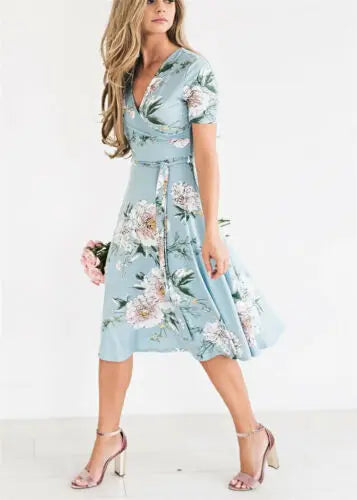 Femmes été décontracté robe en mousseline de soie Boho Midi fleurs imprimé manches courtes col en v robe de soirée/robe de plage/robe d'été florale