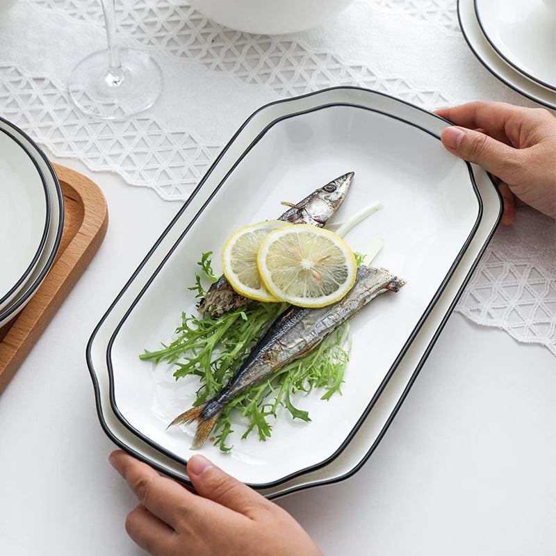 Plato de cena blanco con borde negro, bandeja de cocina de cerámica, platos de comida, ensalada de arroz, tazón de fideos, sopa, herramienta de cocina, 1 Uds.