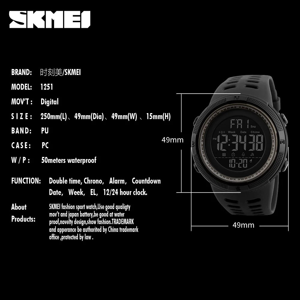 Marca SKMEI, relojes deportivos para hombre, moda Chronos, cuenta atrás, reloj Digital LED resistente al agua, reloj de pulsera militar para hombre, reloj Masculino