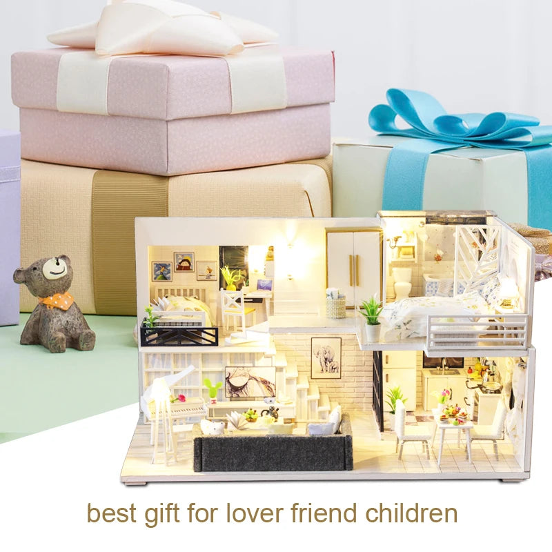 Cutebee DIY Doll House Miniature with Furniture LED Music Dust Cover Model Building Blocks Toys for Children Casa De Boneca M21