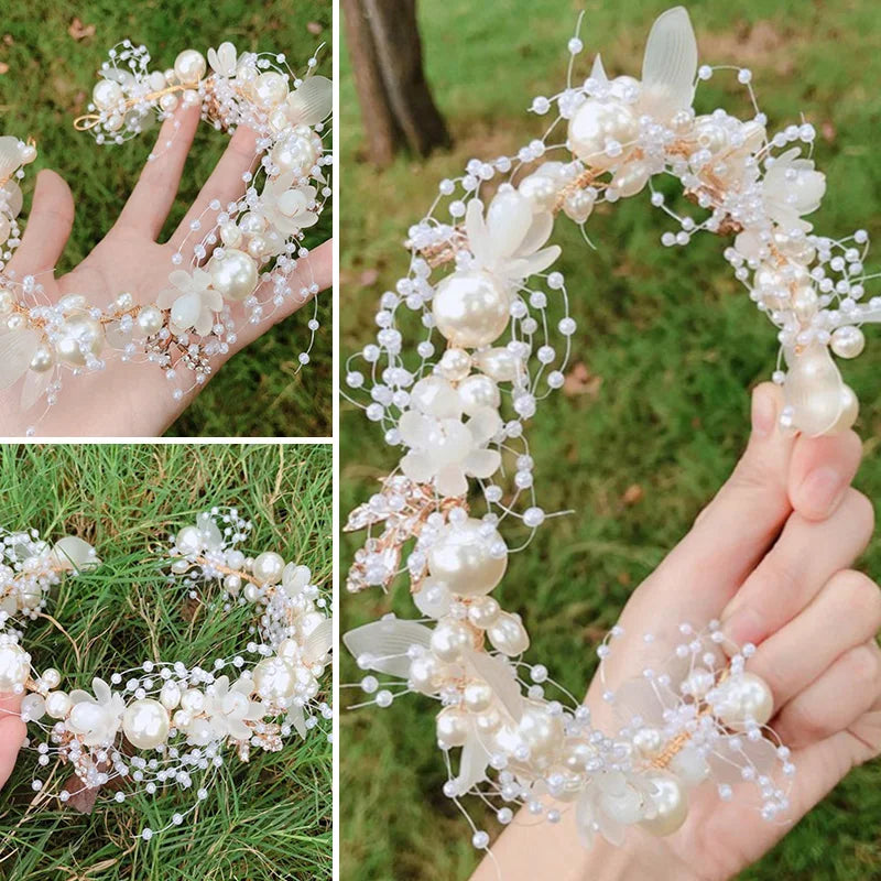 Elegant Bridal Headband Imitated Pearl Vine Floral Crystal Garland Hair Bands Wedding Party Princess Bride Head Hoop Headdress