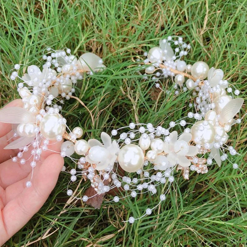 Elegant Bridal Headband Imitated Pearl Vine Floral Crystal Garland Hair Bands Wedding Party Princess Bride Head Hoop Headdress