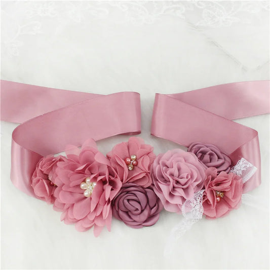 Pink White Blue Purple Fashion Flower Wedding Belts Pearl Bow Wedding Dress Belt Bridal Ribbon Sash Belt Party Bridesmaid Dress