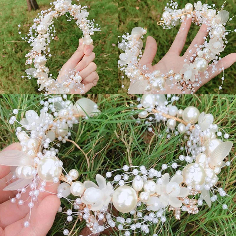 Elegant Bridal Headband Imitated Pearl Vine Floral Crystal Garland Hair Bands Wedding Party Princess Bride Head Hoop Headdress