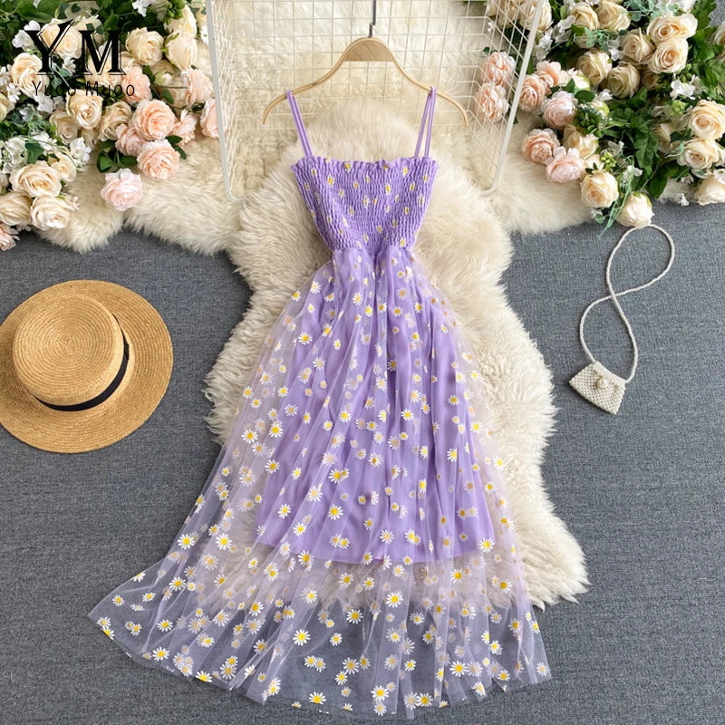 YuooMuoo, moda coreana, vestido de fiesta de malla con estampado de margaritas y flores, vestido de verano de dos capas con tirantes finos, vestido de vacaciones por debajo de la rodilla, Vestidos de playa