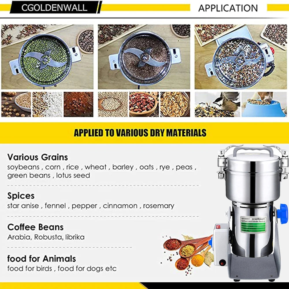 800G Spice Grinder Grain Herb Spices Mill Coffee Grinder Machine Swing Type Grains Grinder Medicine Wheat Mixer Dry Food Grinder