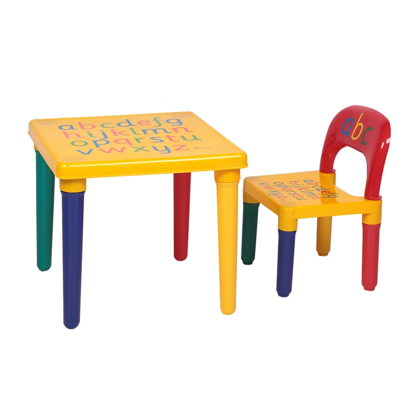 Conjunto de mesa y sillas infantil con letras amarillas y rojas