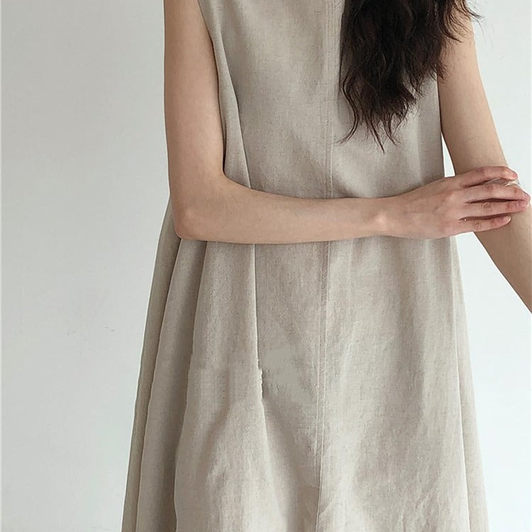 Chic Style Loose Sleeveless Pumpkin Color Long Cotton And Linen Dress