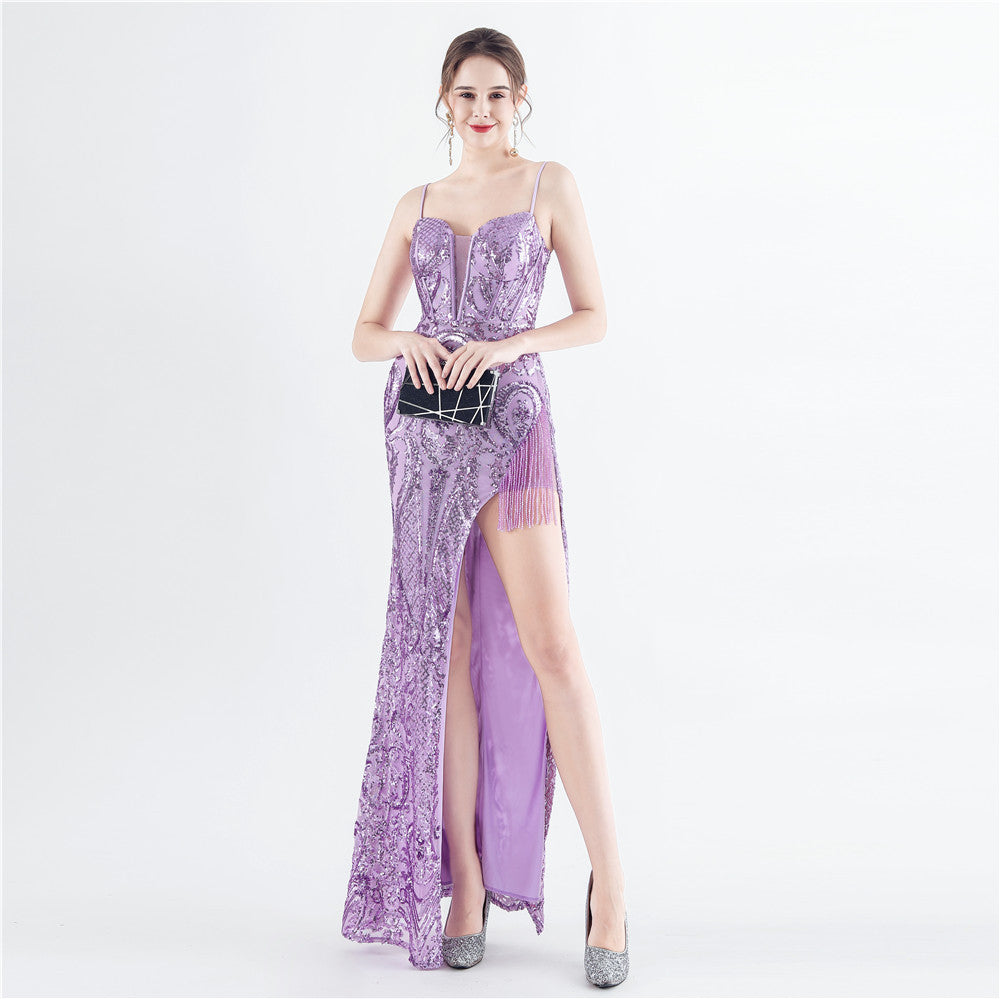 Handmade Beaded Flower Sequined Fishbone Evening Dress