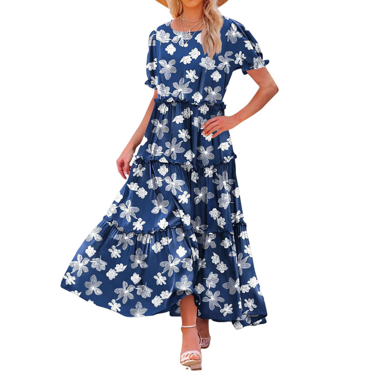 Puff Sleeve Fashion Floral Slimming Long Pleated Print Dress